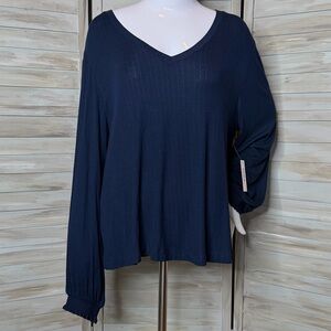 SOMA pointelle knit long sleeve elastic cuff v-neck pajama top navy blue NWT XL